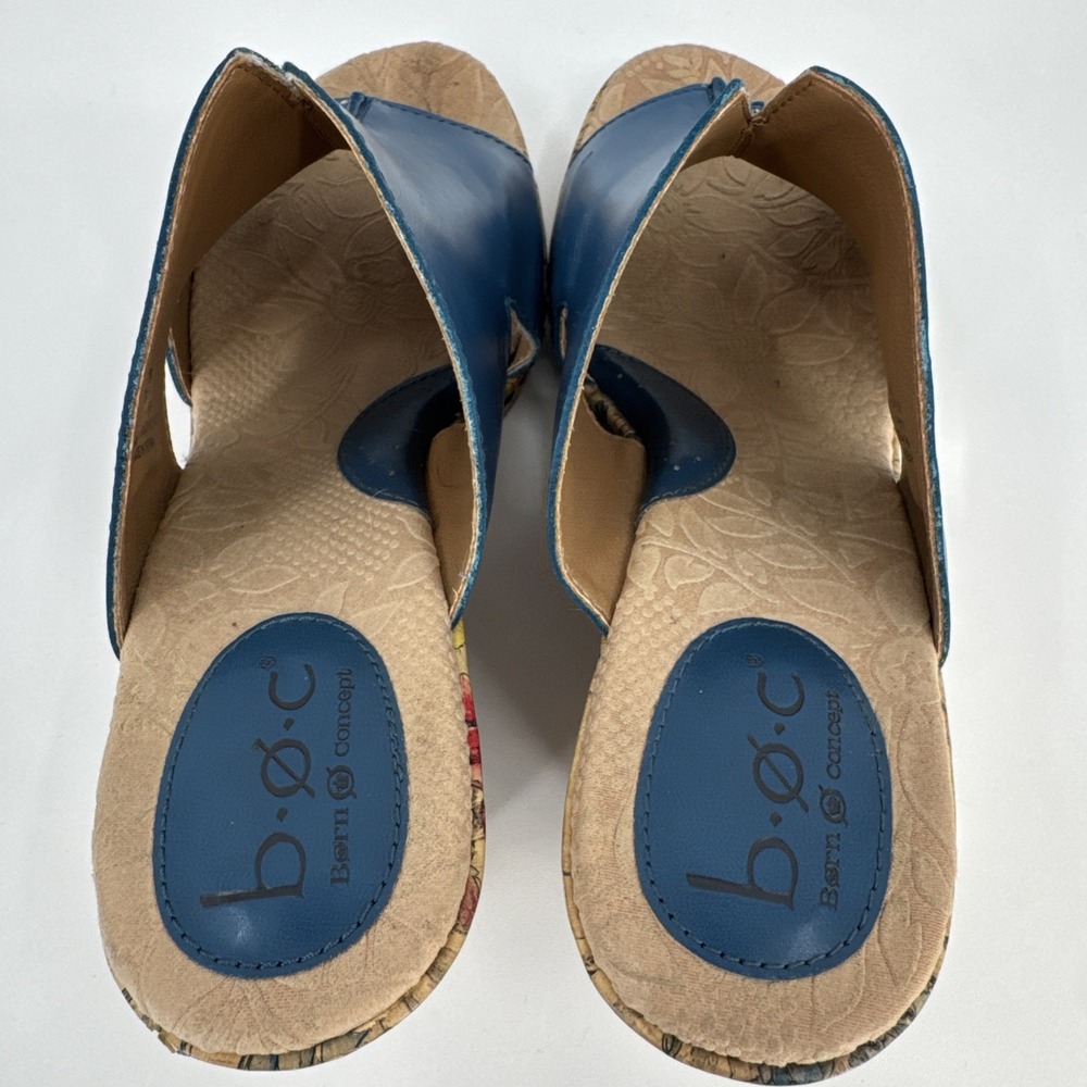 Born Casaba C34104 Blue Leather Floral Slip Womens Cork Wedge - Size 8M - Picture 7 of 11